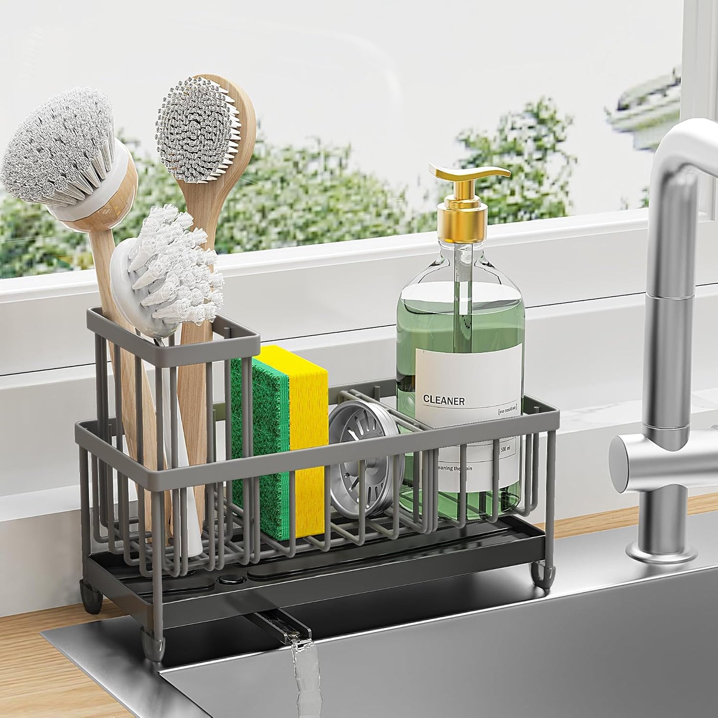 Cisily Sponge Holder for Kitchen Sink, Sink Caddy Organizer with High Brush Holder, Kitchen Countertop Organizers and Storage Essentials, Rustproof 304 Stainless Steel (Black, 9.25″)