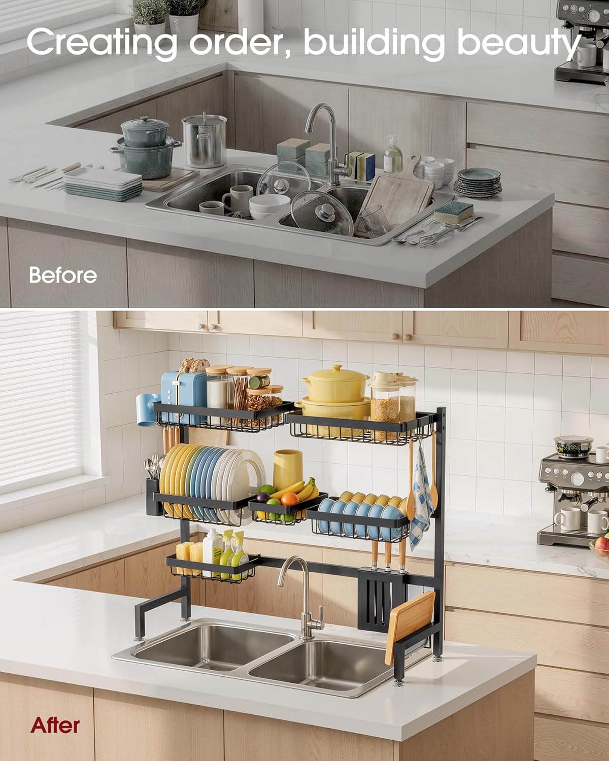 Sakugi Dish Drying Rack Over The Sink, Dish Drainer for Kitchen Counter | Stainless Steel Storage Organizer with Utensil Knife Holder & Hooks, Adjustable 11.8"Dx31.5"~39"Wx30"H, Black