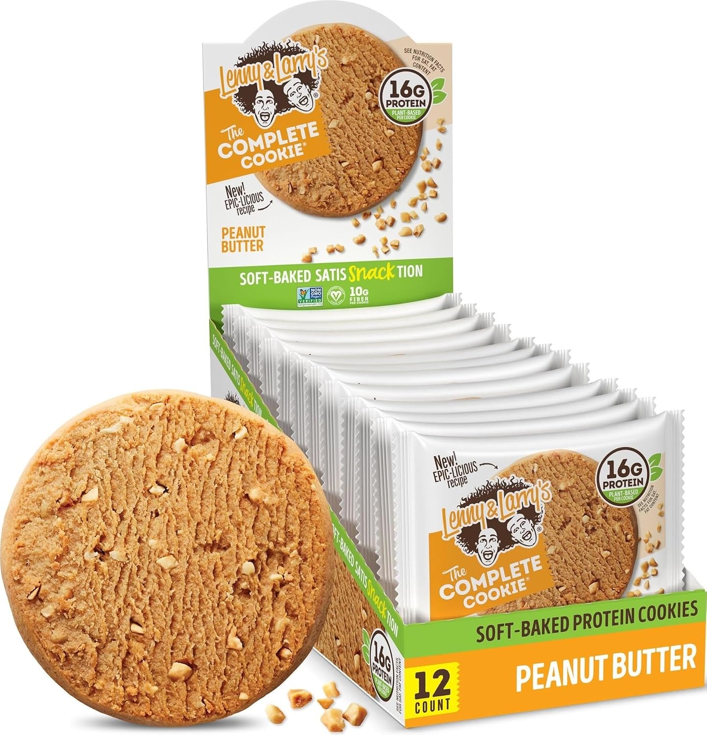 Lenny & Larry's Protein Cookies, Peanut Butter Chocolate Chip, 16g Plant Protein, 10g Fiber, Soft-Baked, Vegan, Non-GMO, 4oz, Pack of 12