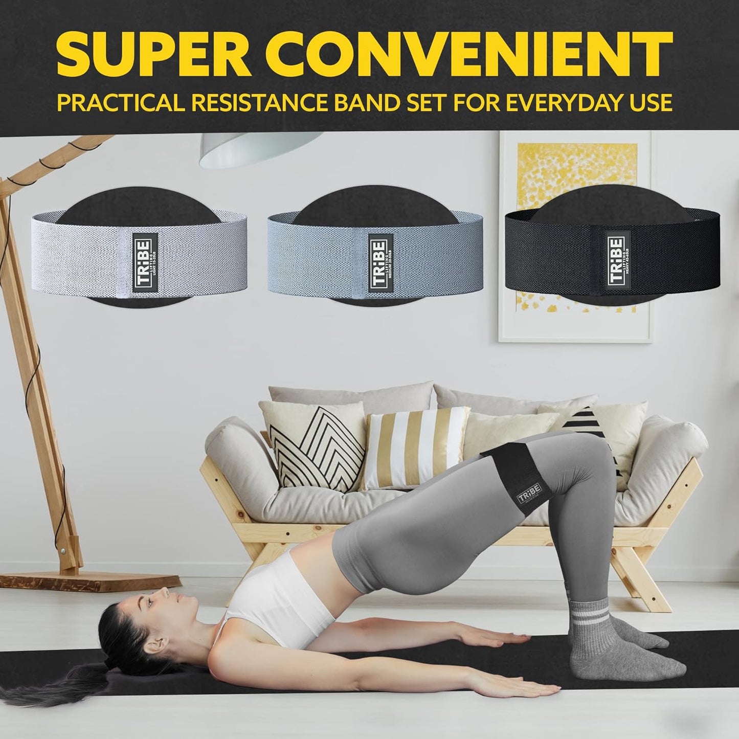 Tribe Fabric Resistance Bands - 3 Pack for Workout, Booty, Legs & Glute - Non-Slip Exercise Bands