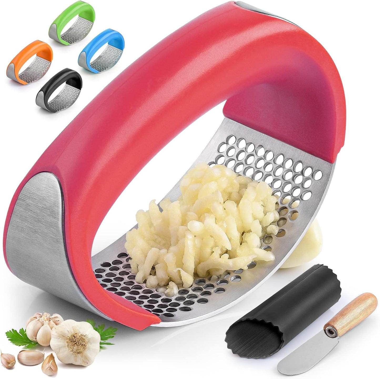 Zulay Kitchen Stainless Steel Garlic Press Rocker Set - Premium Garlic Mincer Garlic Crusher - New Innovative Garlic Crusher with Peeler and Scraper - Comfortable Grip (Black)