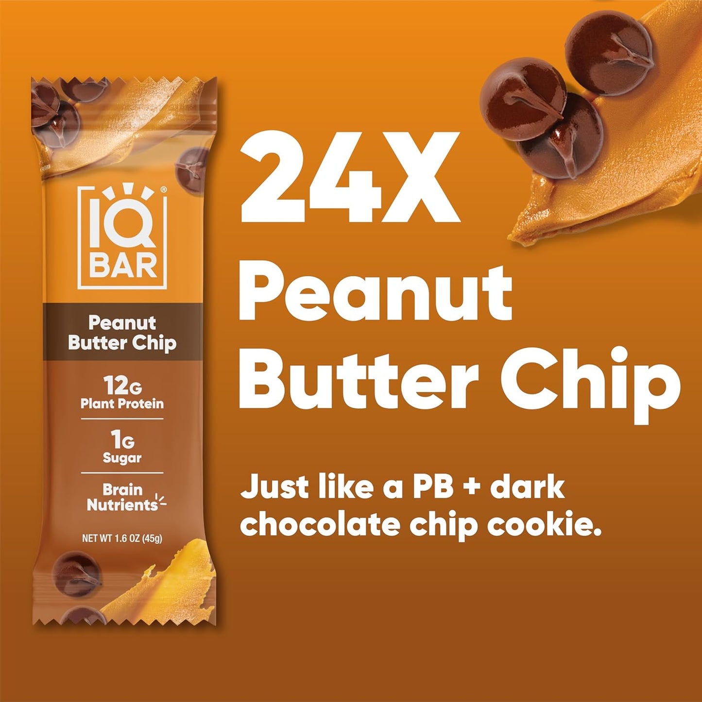 IQBAR Clean Plant Protein Bars - Peanut Butter Chip - 24 Count - Gluten and Dairy Free, Low Sugar Snack