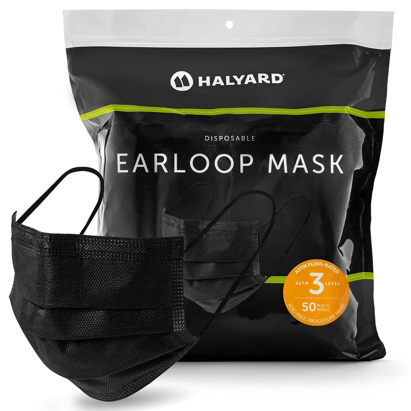 Halyard Black Disposable Face Mask with Earloops, ASTM LEVEL 3, Fog-Free, Pleat Style, 4-Layer Construction