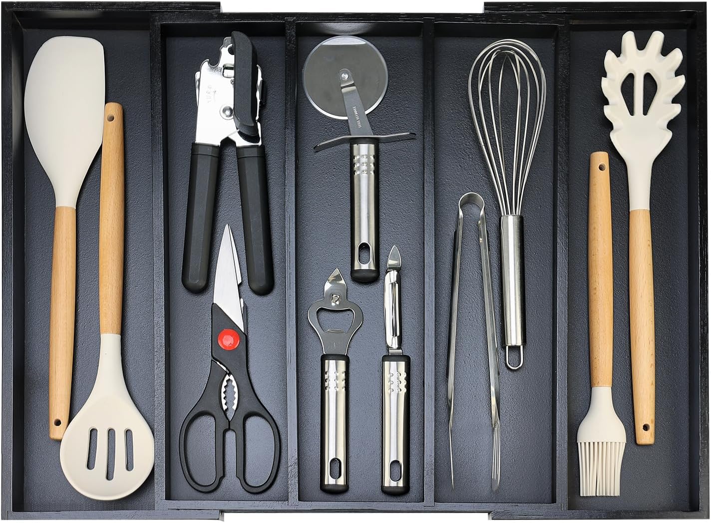 Large Bamboo Kitchen Utensil Drawer Organizer Expandable Silverware Tray | Big Cooking Utensil Drawer Divider Spoon Flatware Organizer Storage Adjustable Wooden Cutlery Holder Tool Knife Spatula Tray