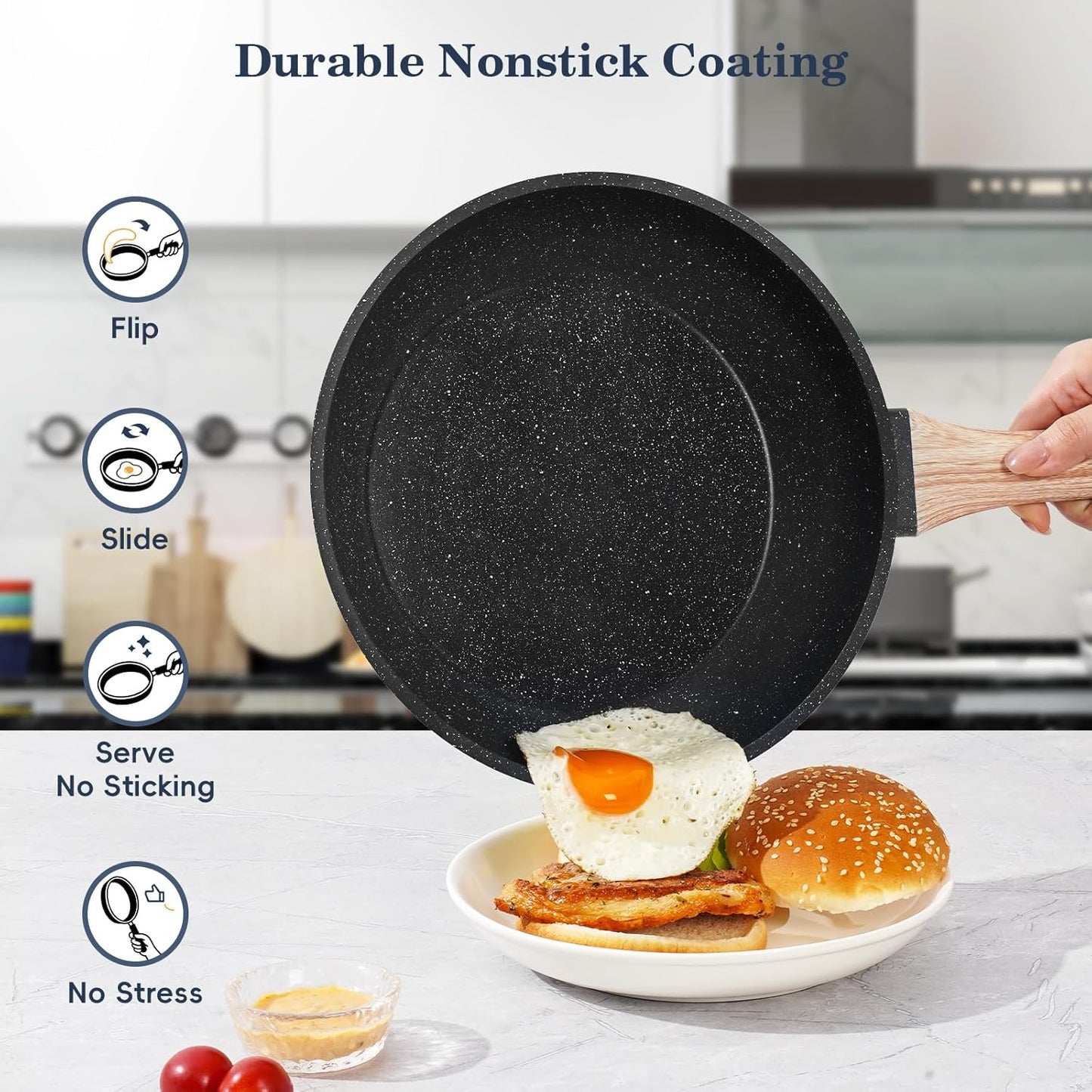 SODAY Pots and Pans Set Non Stick, 12Pcs Black Granite Induction Cookware | PFAS/PFOA/PFOS Free, Healthy Nonstick Kitchen Cookware Sets, Includes Fry Pans & Saucepans.