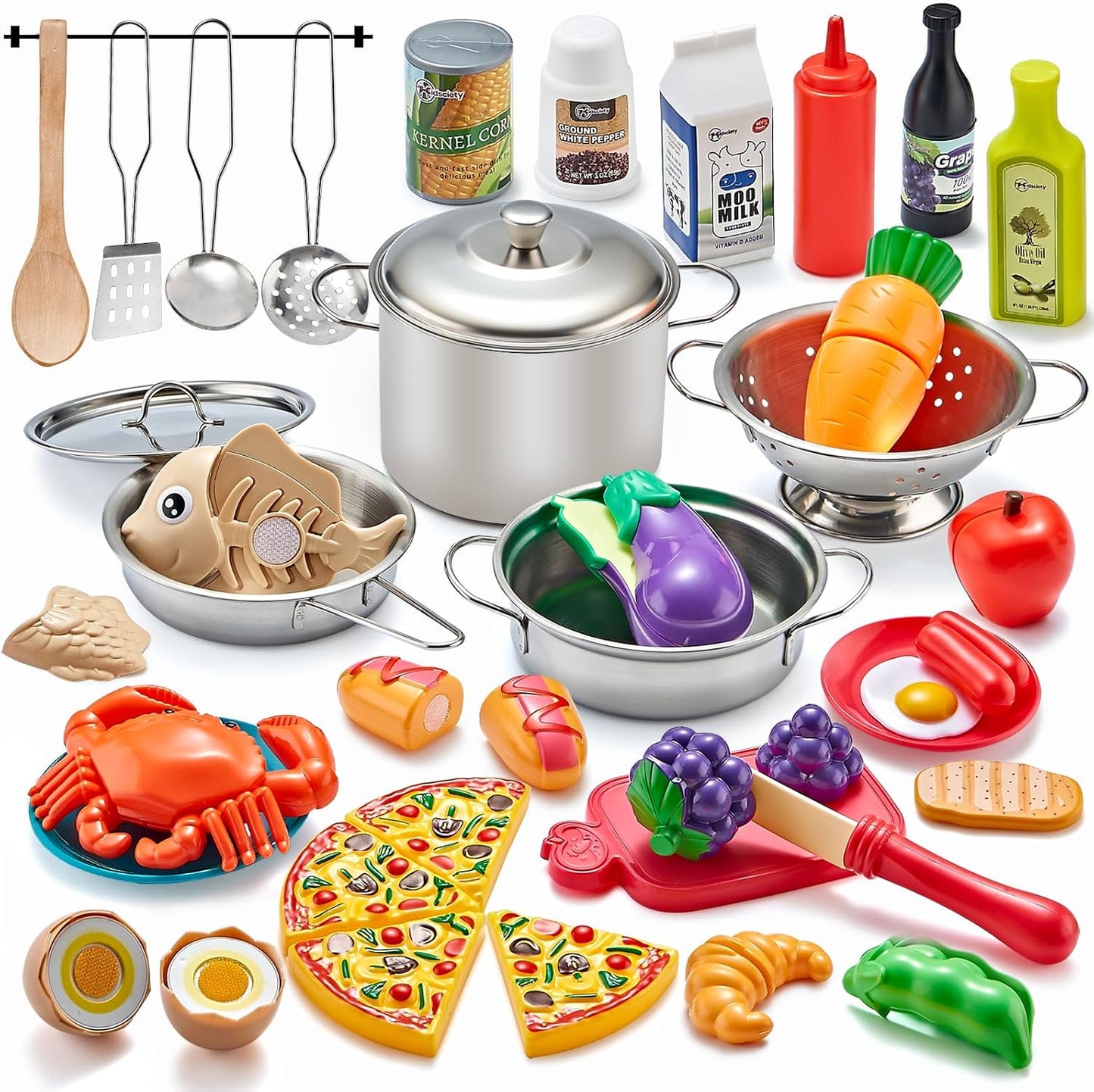 Kidsciety Pretend Play Kitchen Accessories, 52pc Kids Kitchen Playset with Play Food, Stainless Steel Cookware, Kitchen Toys Pots and Pans, Kids Kitchen Set with Cuttable Toy Food, Boys Girls Gift