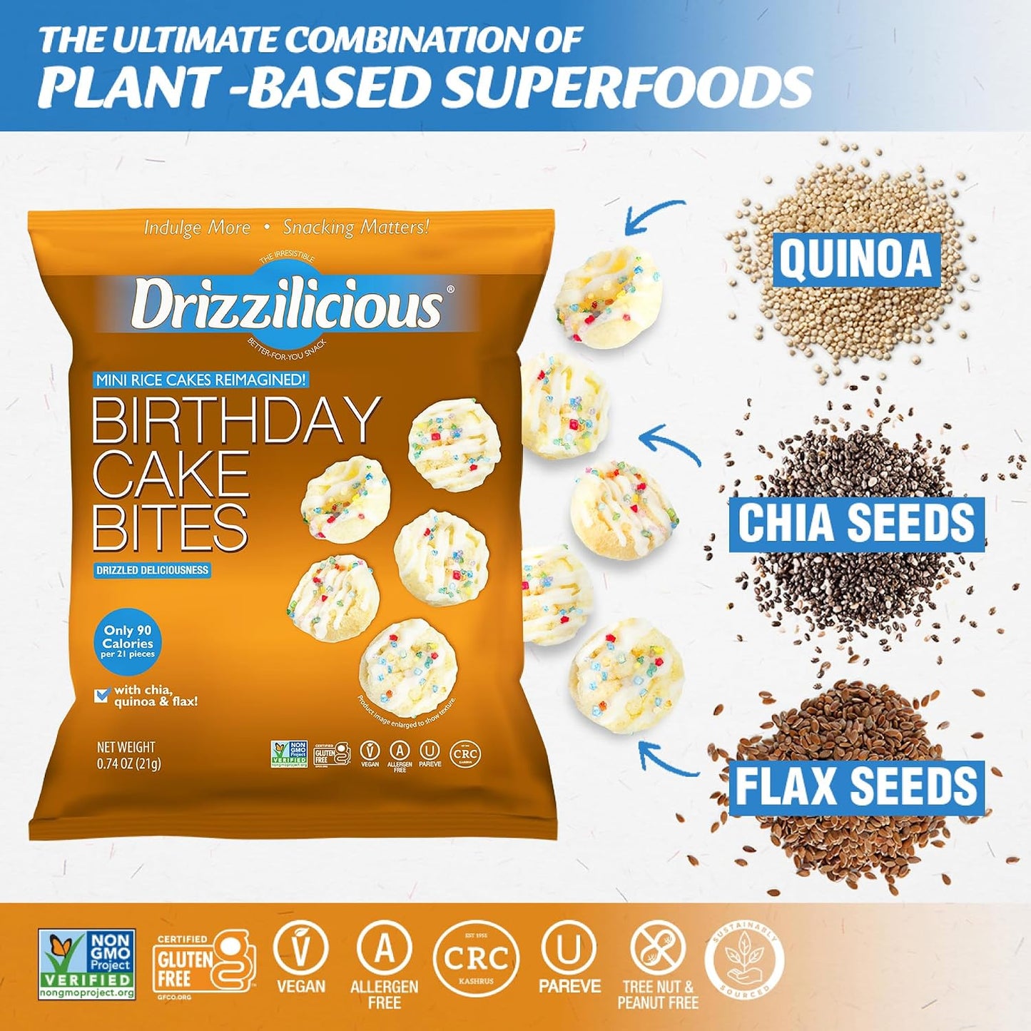 Mini flavored rice cakes in birthday cake flavor, 90 calories per bag, vegan and gluten free