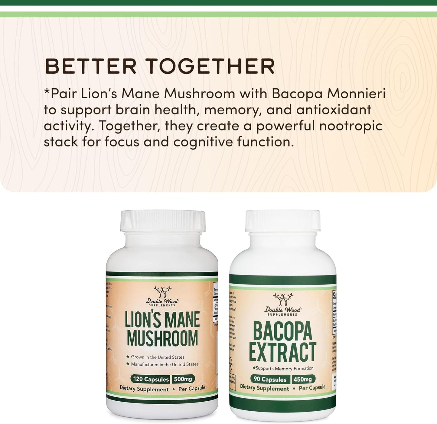 Organic Lions Mane Mushroom Capsules (120 Count), for Focus Support and Immune Health, Third Party Tested and Grown in The USA - by Double Wood