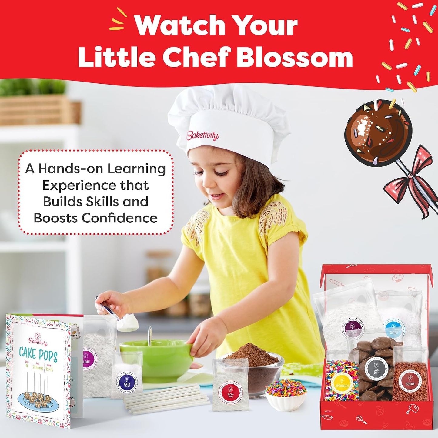 Baketivity DIY Cake Pop Kids Baking Kit with Pre-Measured Ingredients | Bake 10–12 Treats with Decorating Supplies, Activity Book, and Simple Recipe Gift Idea for Boys and Girls Ages 4-12