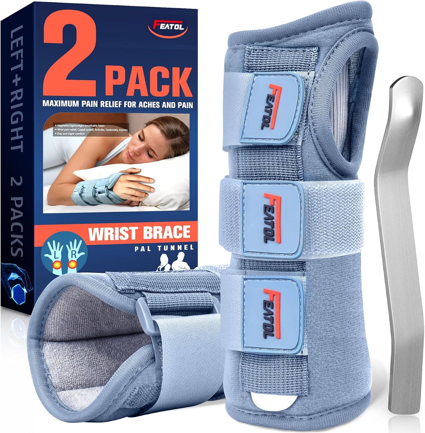 Featol Carpal Tunnel Wrist Brace Night Support 2 Pack for Pain Relief
