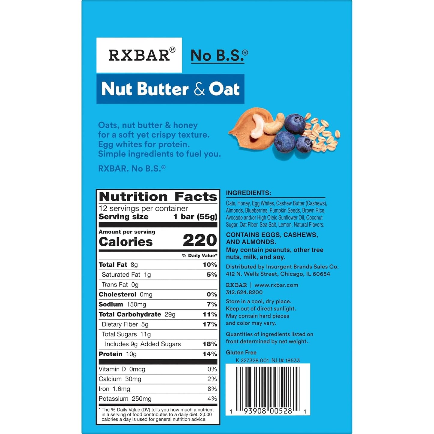 RXBAR Nut Butter and Oat Protein Bars, 12 Count, 23.2oz Box