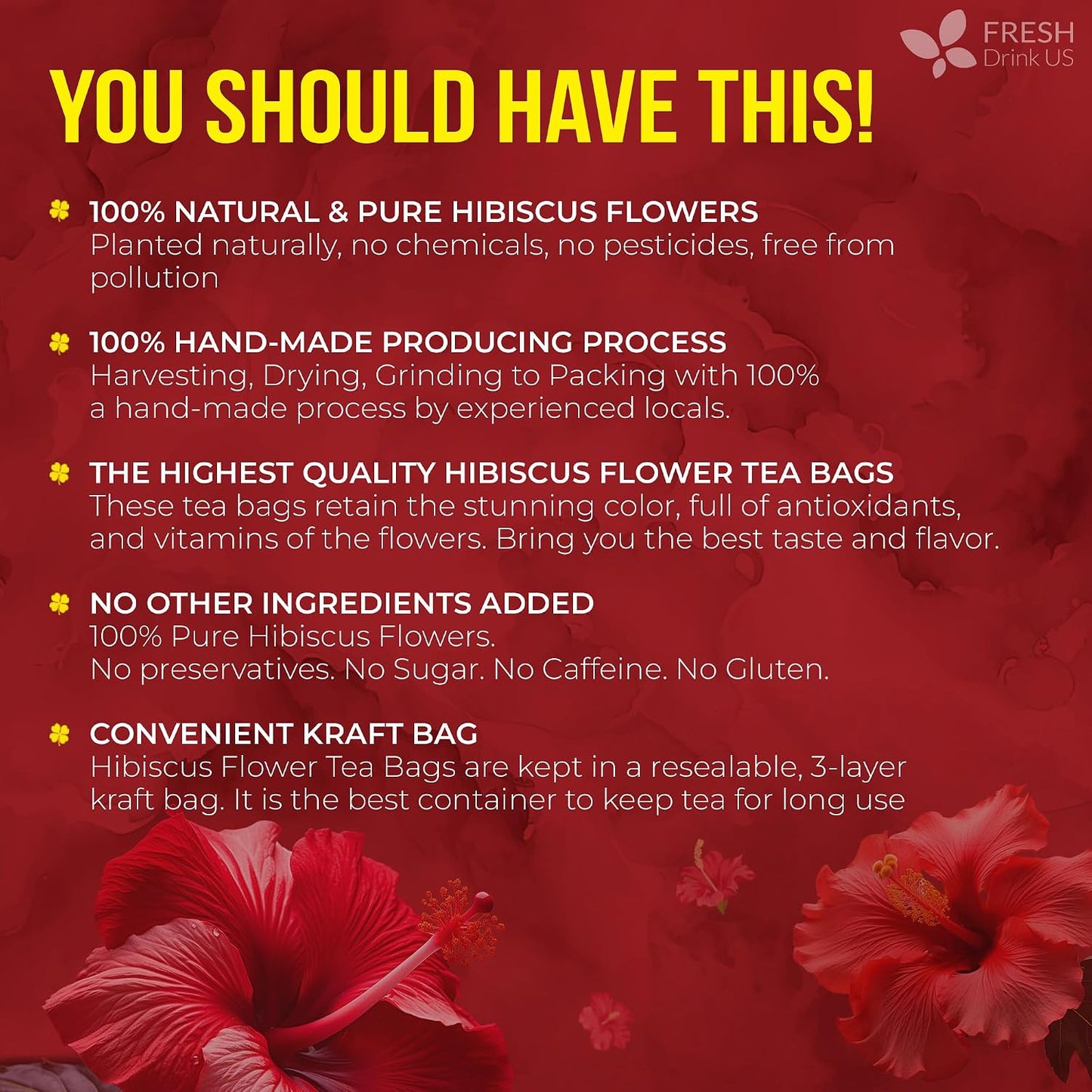 100% Natural Hibiscus Flowers Tea Bags, Loose Flower Herbal Tea, No Sugar, No Caffeine, No Gluten, Vegan