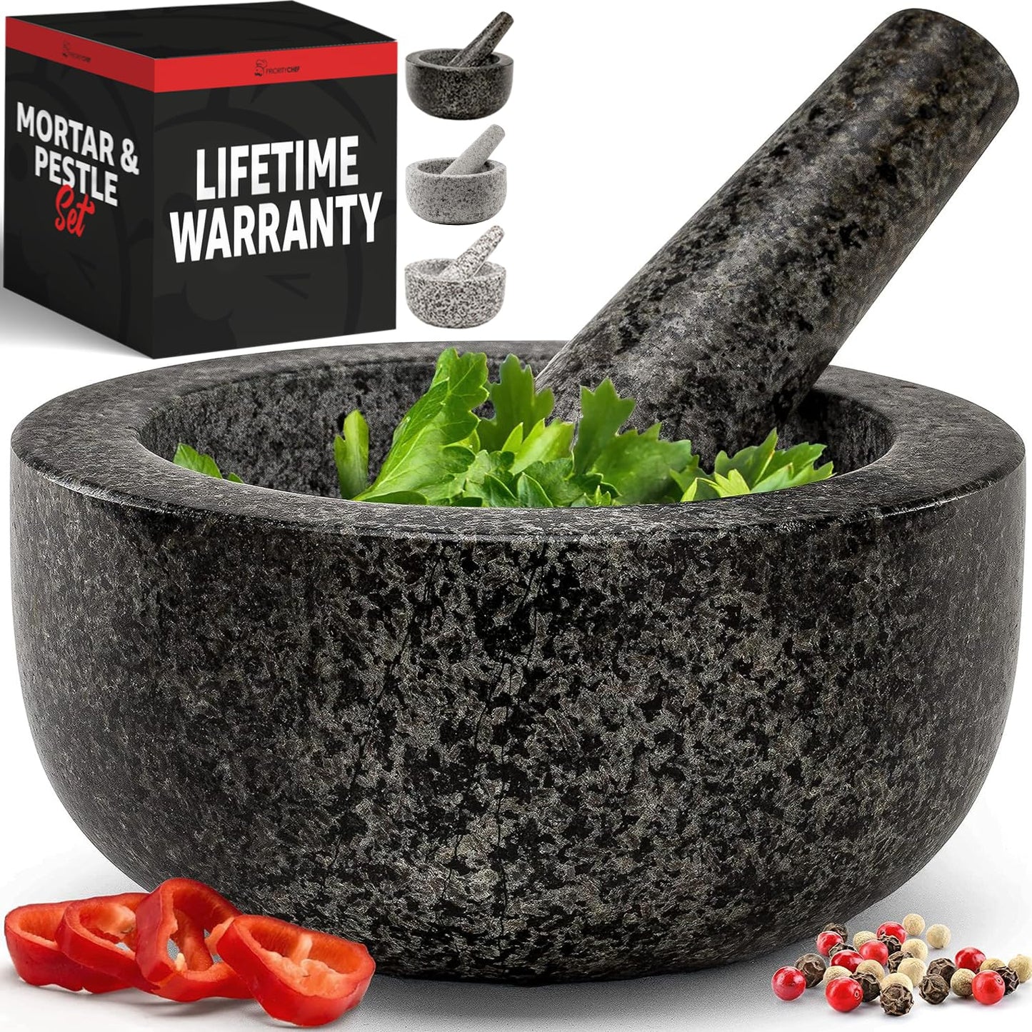 Priority Chef Heavy Duty Large 1.5 Cup Mortar and Pestle Set, 100% Natural Granite, 5.5 Inch Diameter Bowl, 6.2 Inch Pestle, Non-Slip Base, Stone Grinder for Guacamole Salsa Pesto Herbs Spices, Black