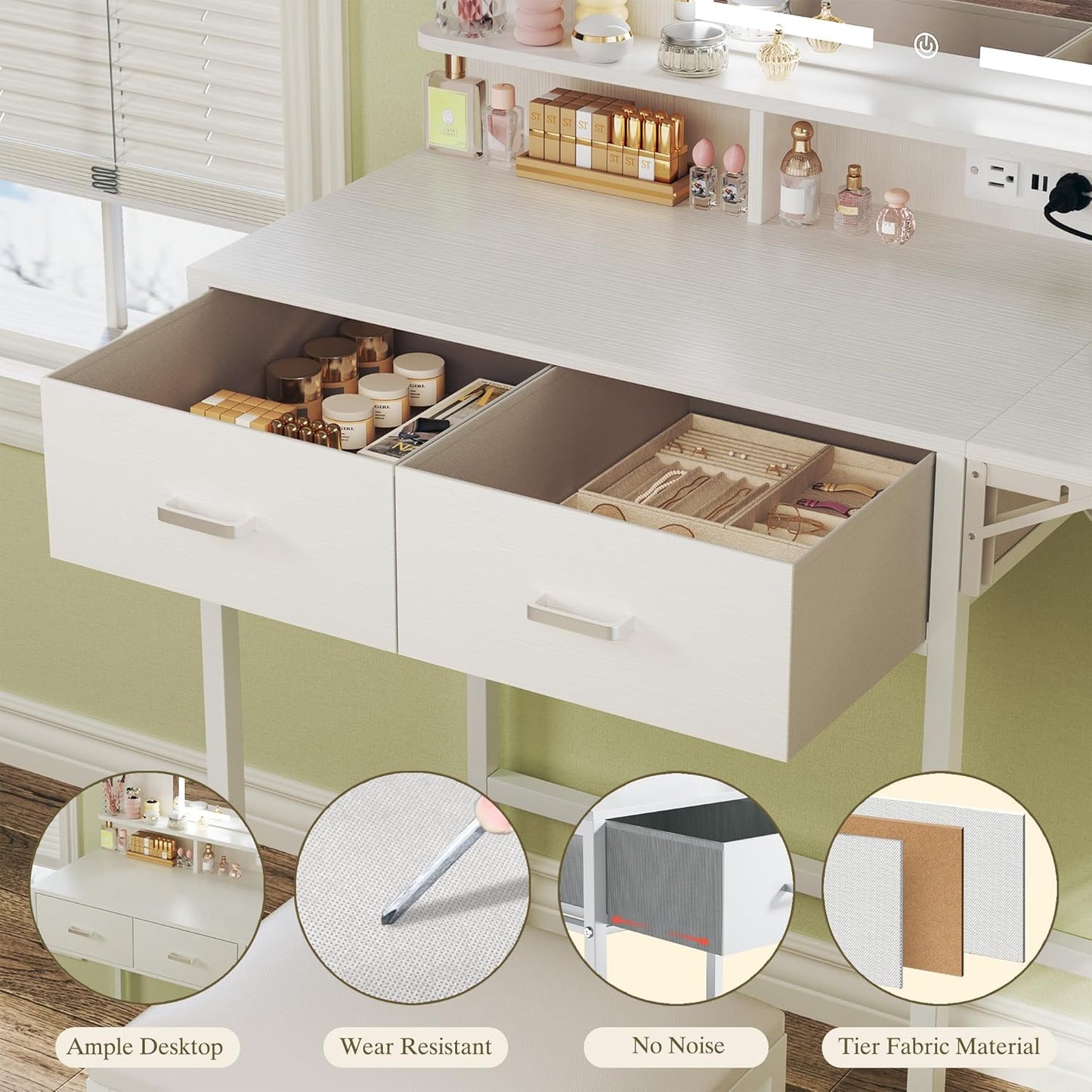 Small Vanity Desk with Mirror and Lights, Makeup Vanity with Fabric Storage Drawer, Chair and Three Shelves, White Vanity with Power Outlet and Fold-up Panel, Bedroom