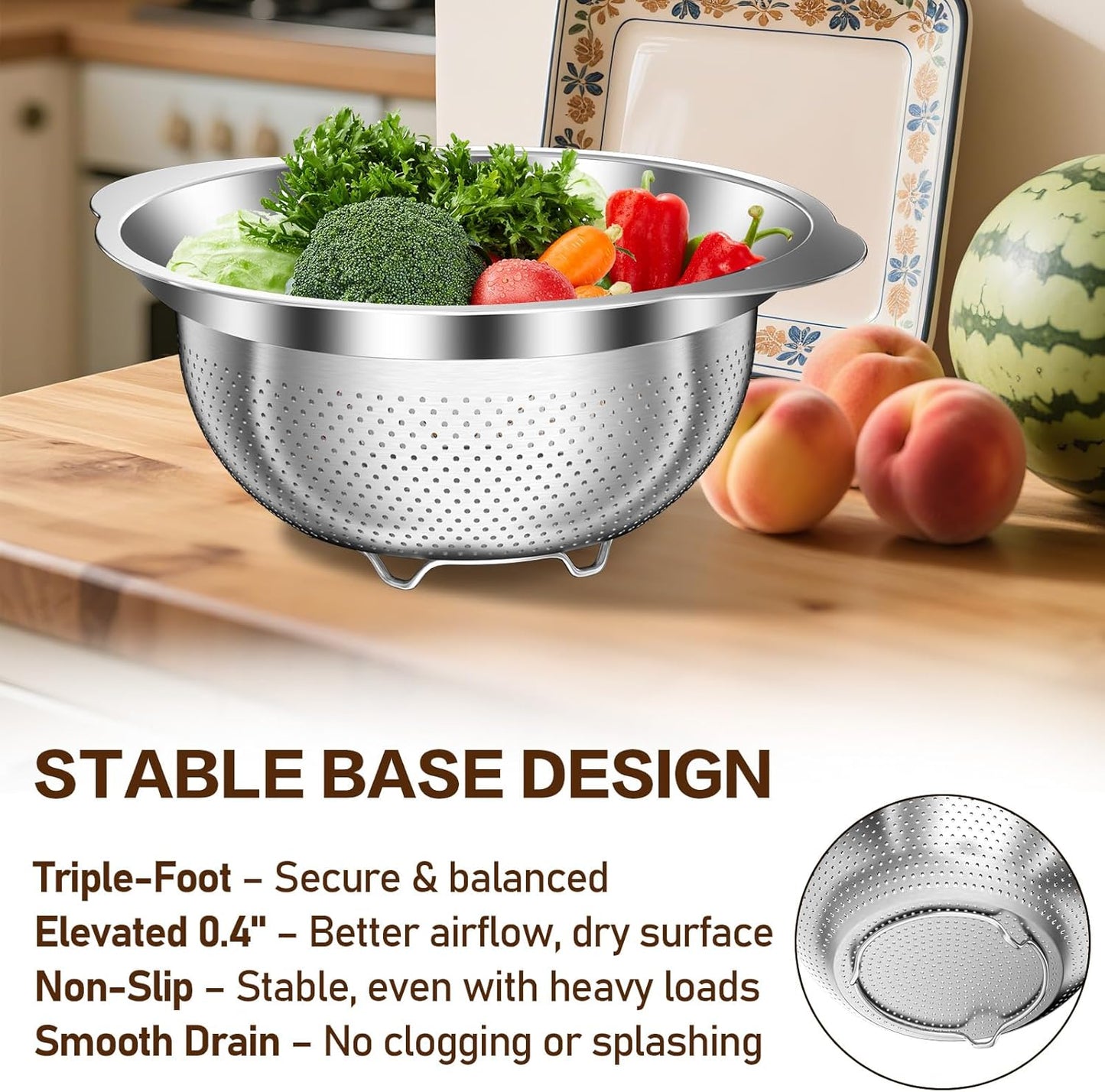 Stainless Steel Colander for Kitchen, Stainless Steel Strainer, Pasta Strainer for Spaghetti Fruit Cooking Food, 3 Pcs Strainers and Colanders(2QT, 3QT, 5QT), Dishwasher Safe, Kitchen Present
