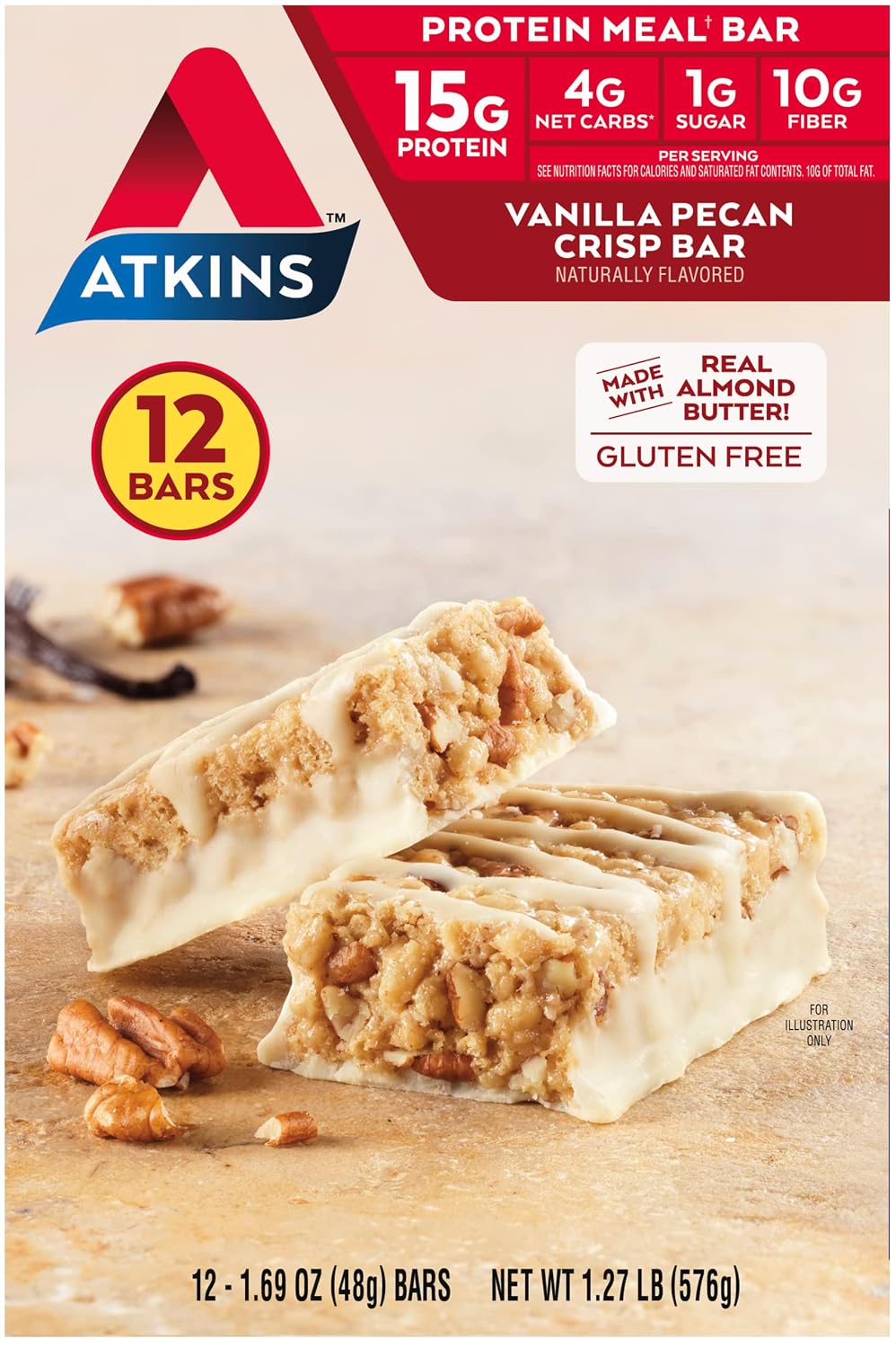 Atkins Peanut Butter Granola High Protein Bar, 12 Count, 16g Protein, 1g Sugar, 4g Net Carb