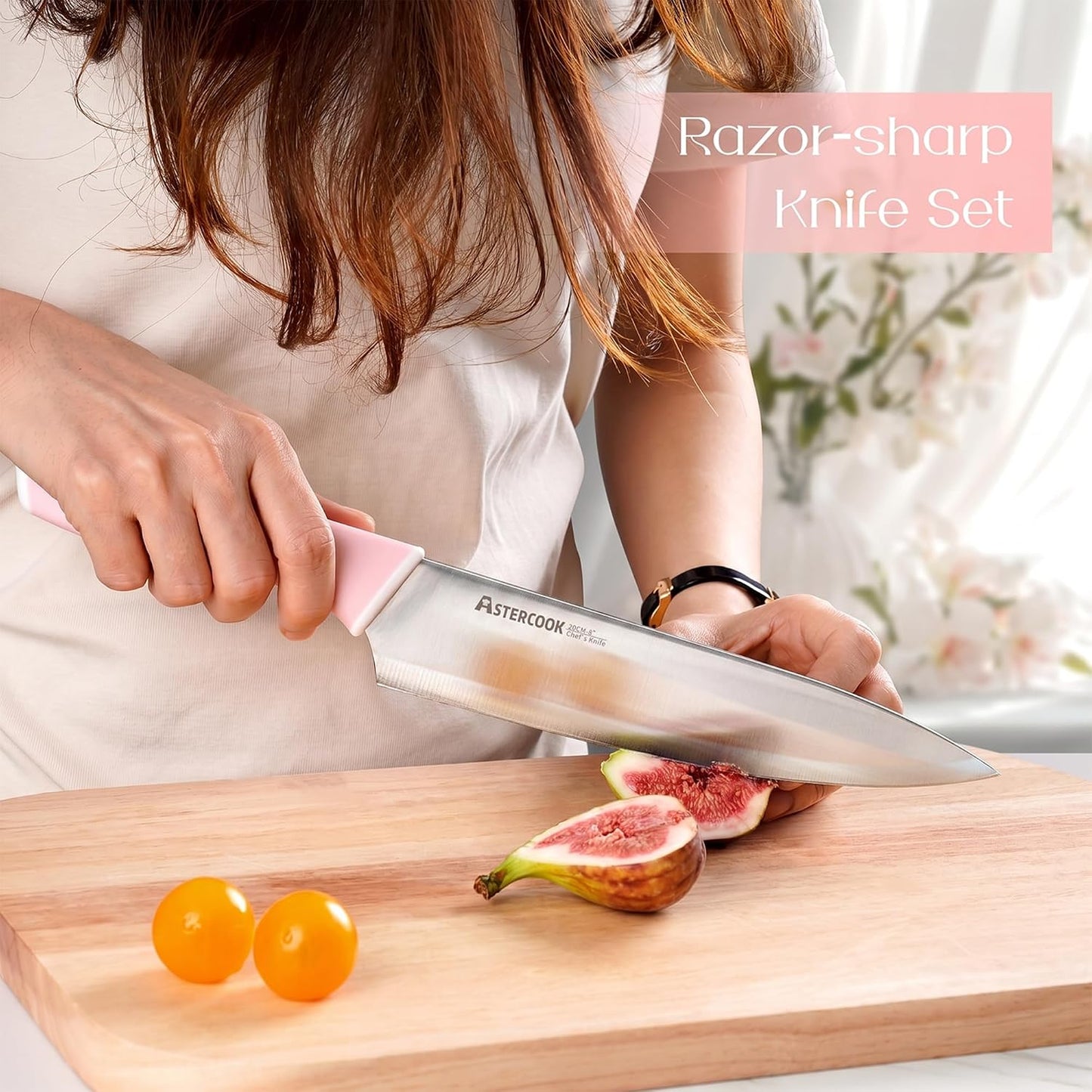 Astercook Knife Set, Kitchen Knives Set with Block and Sharpener 15 Pcs German Stainless Steel Knives Sharp Blade Dishwasher Safe Deba Knives with Ergonomic Handle, Crystal Pink
