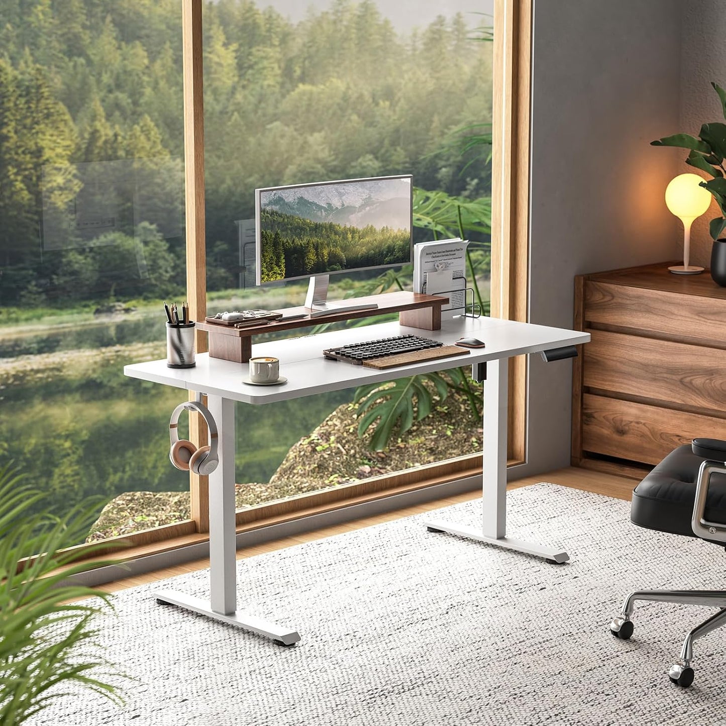 Veken 55 Inch Large Electric Standing Desk,Sit to Stand Up, Heights Adjustable, Work Home Office Computer Table for Study, Walking Pad, Writing, and Games, Wooden Desktop Desks, White