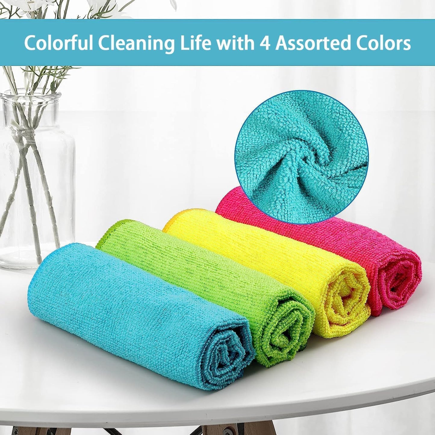 HOMEXCEL 12PK Microfiber Cleaning Cloth, Cleaning Rag for Home, 11.5x11.5in | Reusable, Lint Free, Scratch-Free and Highly Absorbent Towels for Kitchen, Window and Glass, Cars (Green/Blue/Yellow/Pink)