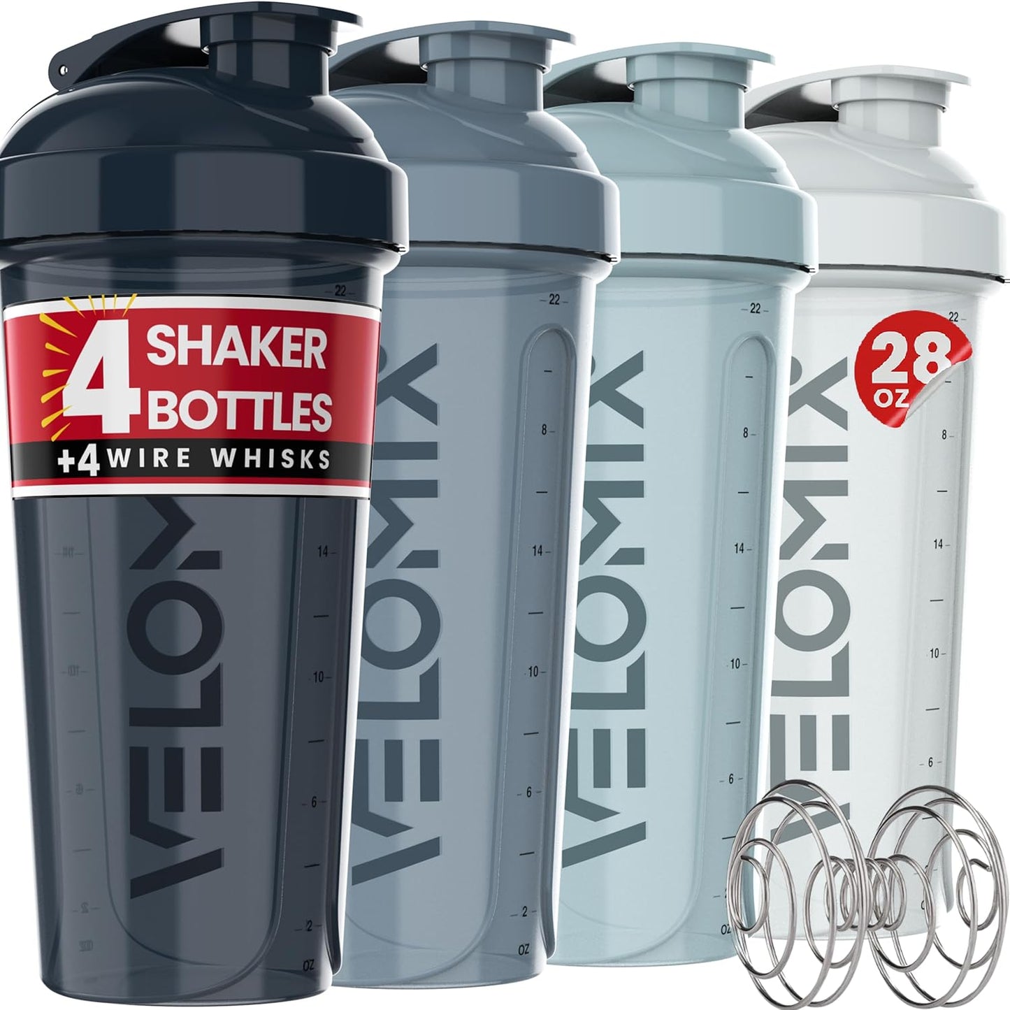 VELOMIX 28 Oz Protein Shaker Bottle, 4-Pack, Leak-Proof, Dishwasher Safe