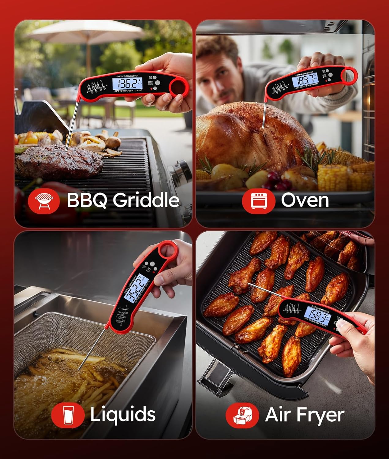 Meat Thermometer Digital, 1-2 Sec Instant Read, Food, Cooking, Grill | Bright Backlit Display, Waterproof for Air Fryer, Smoker, Candy, Kitchen Gadgets, BBQ Essentials, Gift for Men Husband, Red