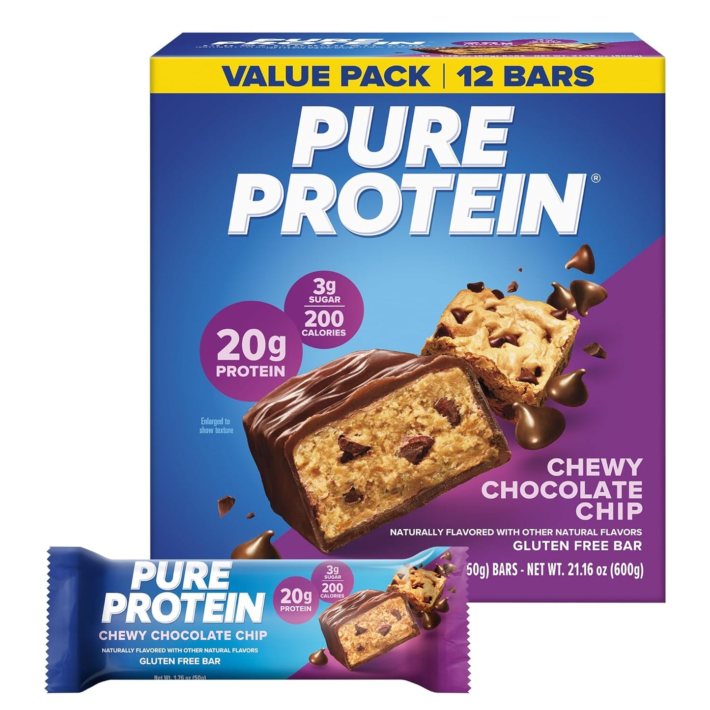 Pure Protein Chocolate Peanut Caramel Bars - 20g Protein, 3g Sugar, 190 Calories, 12 Count, Gluten Free
