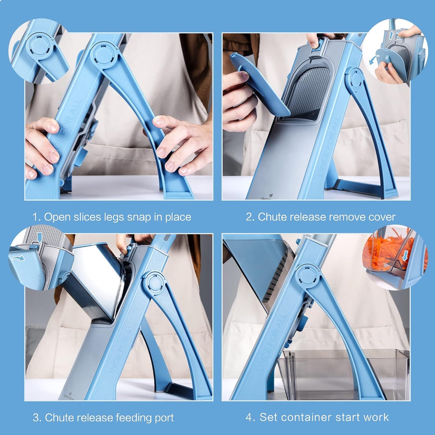 ONCE FOR ALL Upgrade Safe Mandoline Slicer Plus, Bigger Size, SkyBlue | 0.1-8mm Adjustable Vegetable Food Chopper, Potato Fries Cutter, Detachable Blade, Stainless Steel, Dishwasher-safe, Gift