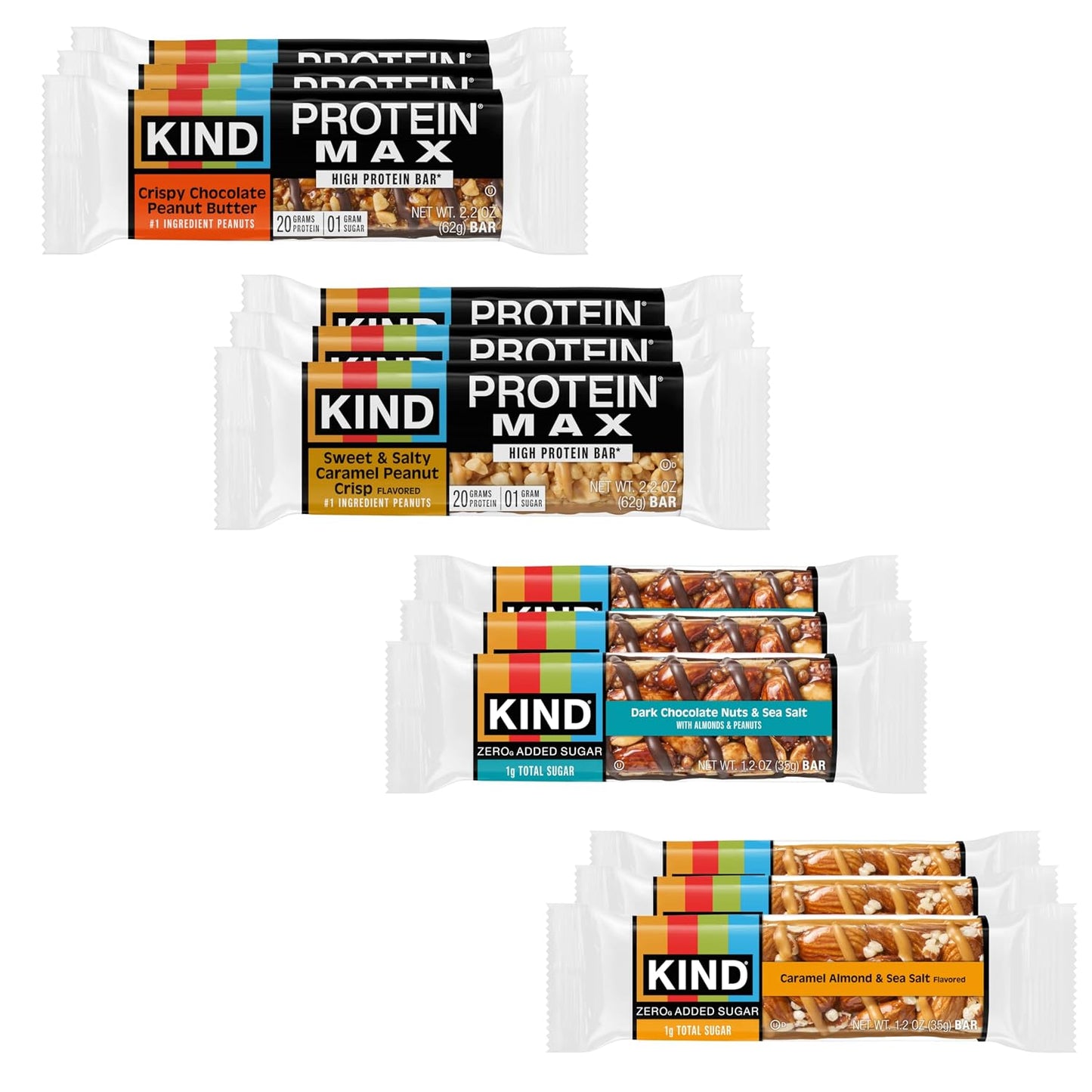 KIND Protein MAX and Zero Added Sugar Snack Bars Bundle Pack, Gluten Free, High Fiber, Keto Friendly, 12 Count