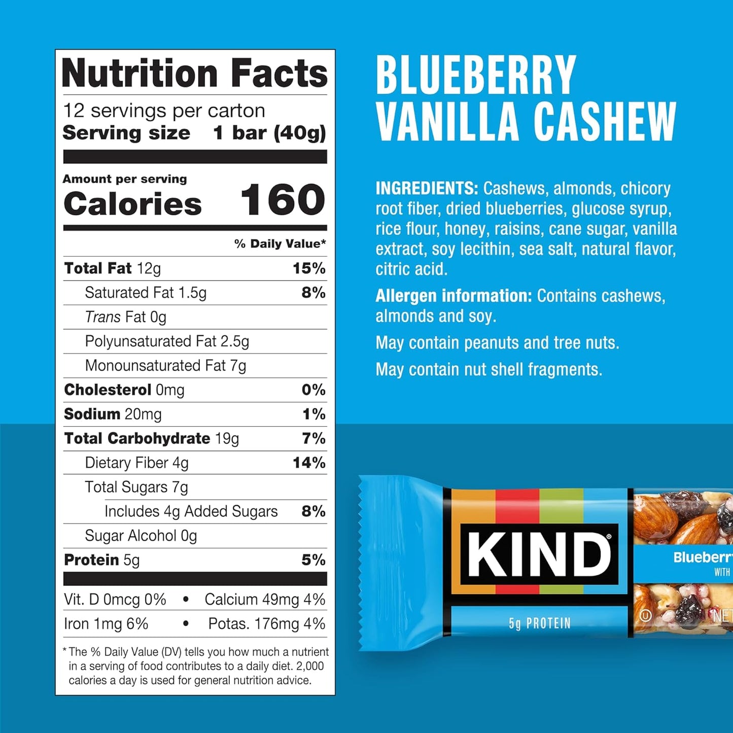 KIND Snacks Bars, Blueberry Vanilla Cashew, Gluten Free, 5g Protein, 12 Count