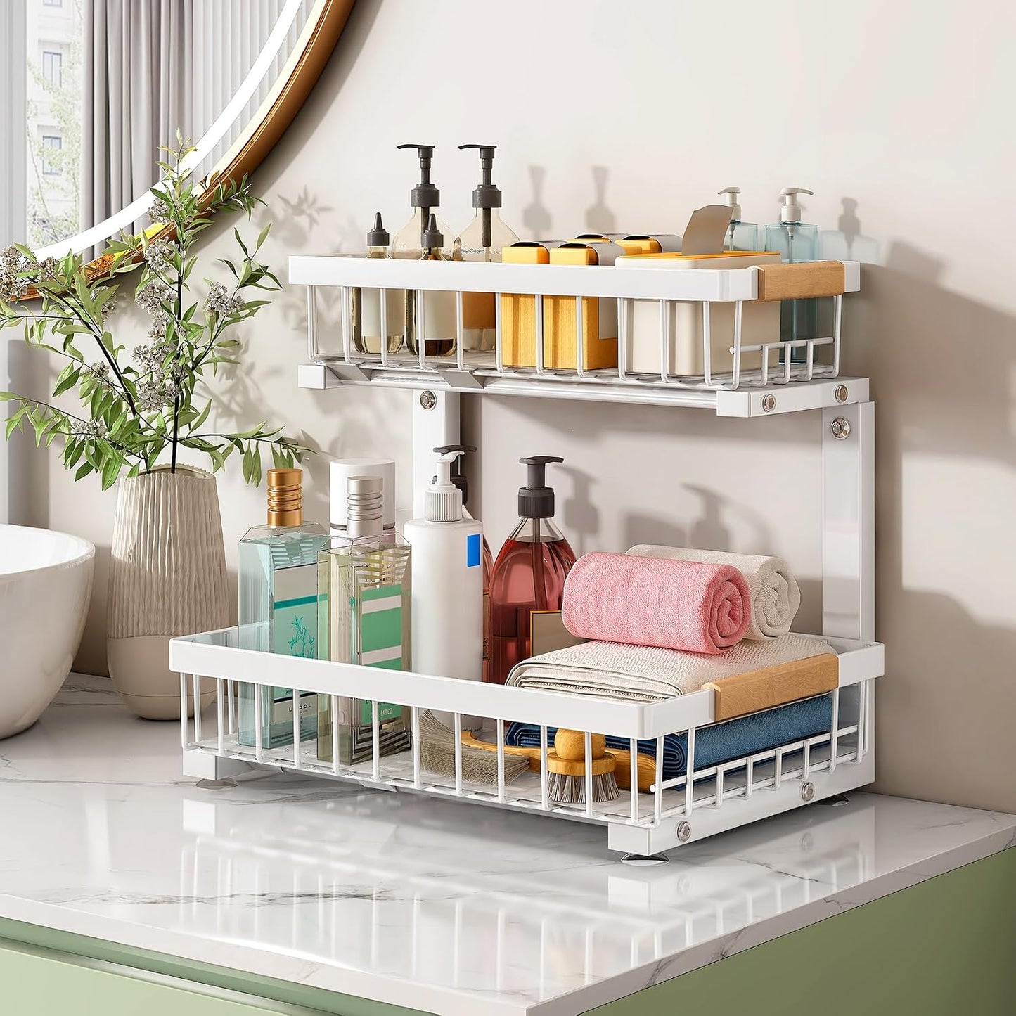 Kitstorack Under Sink Organizer, 2 Tier Under the Sink Storage, Slide out Pull out Cabinet Organizer Shelf, Metal Sliding Drawer for Kitchen Bathroom Pantry Closet Organization Rack, White, 2 Pack