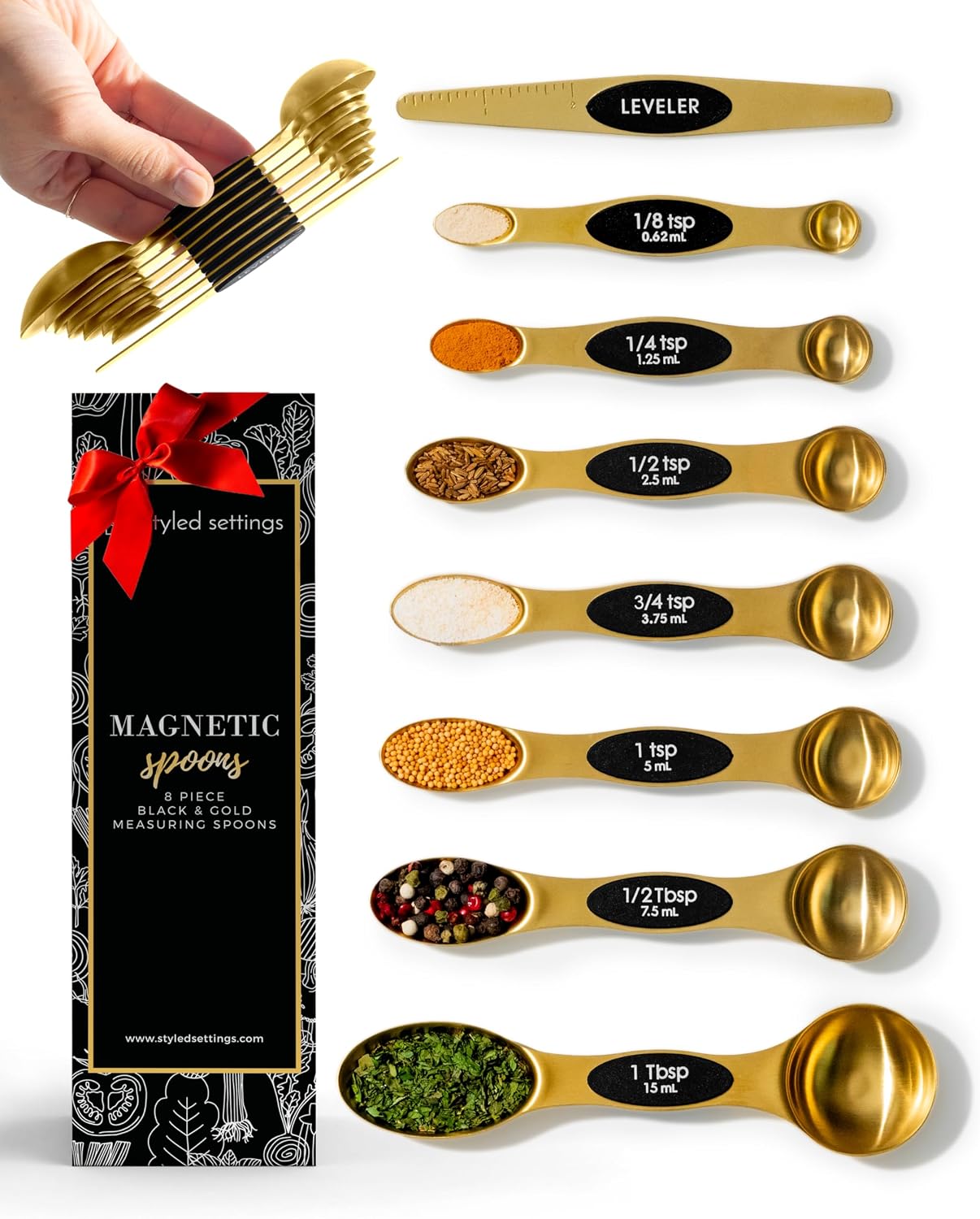 Styled Settings Magnetic Measuring Spoons Set, Gold | Stainless Steel Gold Measuring Spoons for Cooking and Baking - Cute and Durable Gold Kitchen Accessories - Great for Gifting