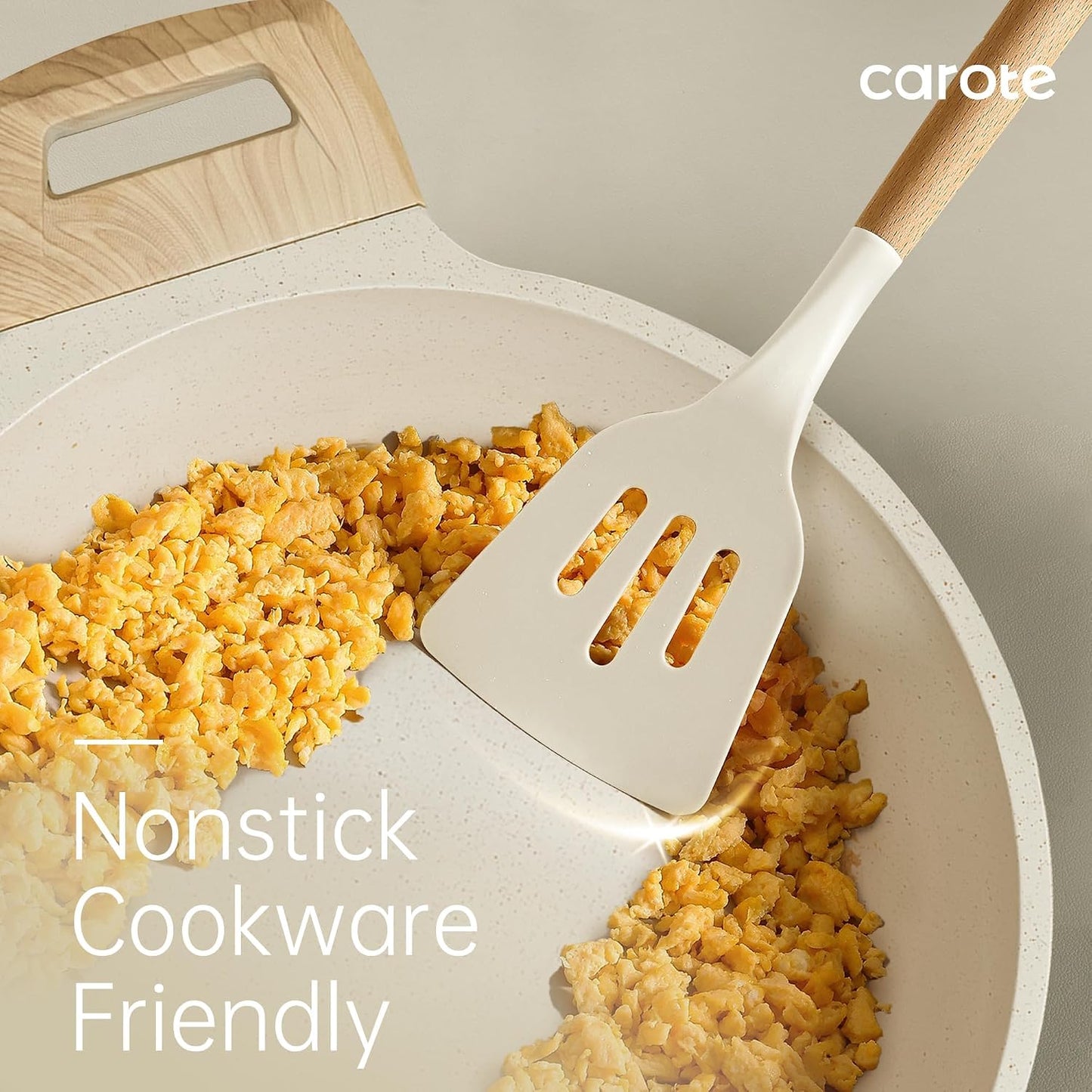 CAROTE 10-Piece Kitchen Utensils Set with Wood Cool-Touch Handles, Cream | Silicone Cooking Utensil, Food Grade, Nonstick Cookware Friendly, BPA-Free, Heat-Resistant, Everyday Home Essentials, Gifts