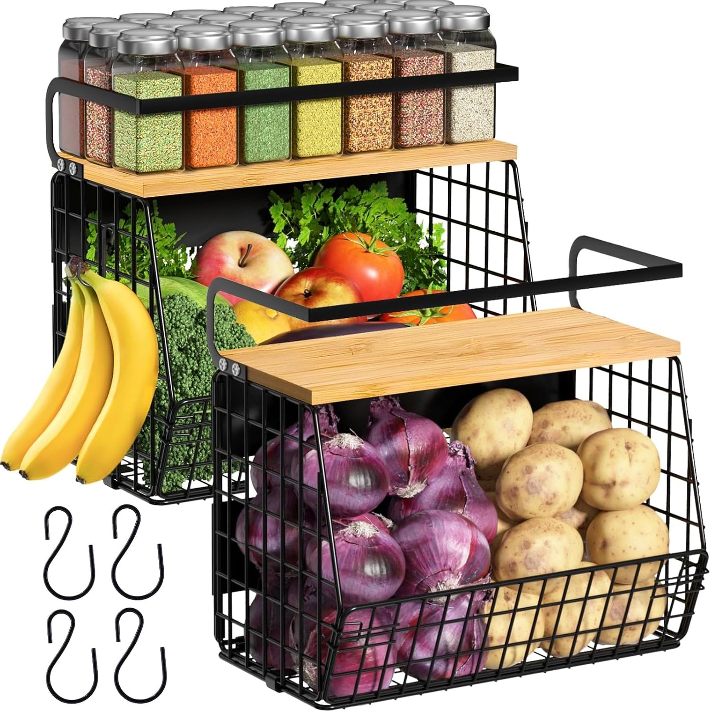 Ofiray-home Magnetic Shelf for Fridge with Wood Lid, Fruit Potato and Onion Storage Bins, Pantry Organizers & Storage, Large Container Magnetic Spice Rack for Refrigerator, Kitchen Counter, Cabinet