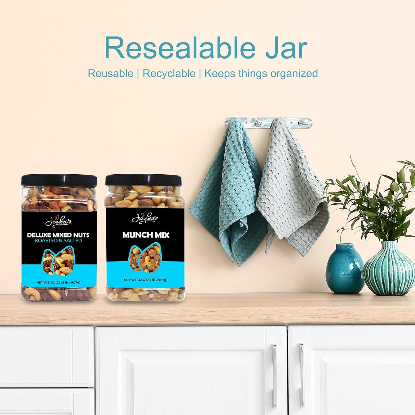 Mixed Nuts Deluxe - Roasted & Salted Variety Snack Mix with Cashews, Almonds, Brazil Nuts, Pecans, Hazelnuts in 32 oz Reusable Container