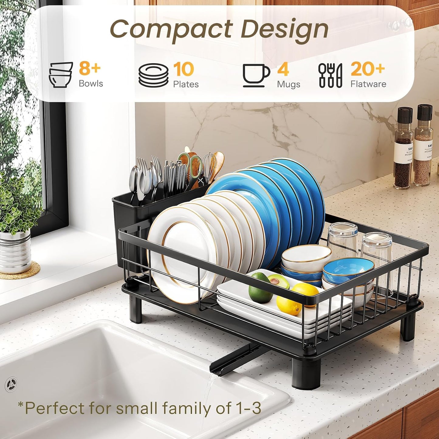 SNTD Dish Drying Rack for Small Kitchen Counter, 11" W x 15" L, Black | Space Saving, Rotating Spout & Angled Drainboard for Quick Drainage, Stainless Steel, Removable Utensil Holder