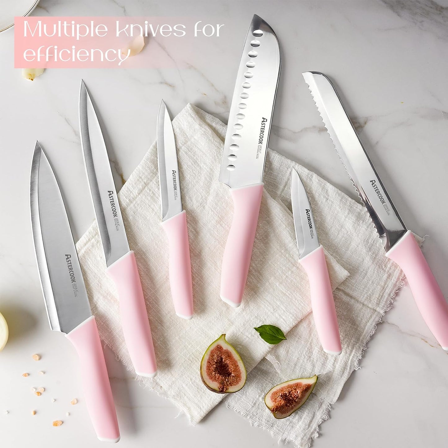 Astercook Knife Set, Kitchen Knives Set with Block and Sharpener 15 Pcs German Stainless Steel Knives Sharp Blade Dishwasher Safe Deba Knives with Ergonomic Handle, Crystal Pink