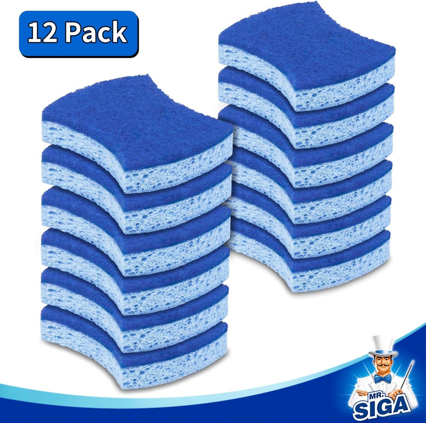 MR.SIGA Non-Scratch Cellulose Scrub Sponge, Dual-Sided Dish Sponge, 12 Pack | Dishwashing sponge for non stick cookware, scratch free dish sponges, kitchen sponges, cellulose sponges, sponges for dishes