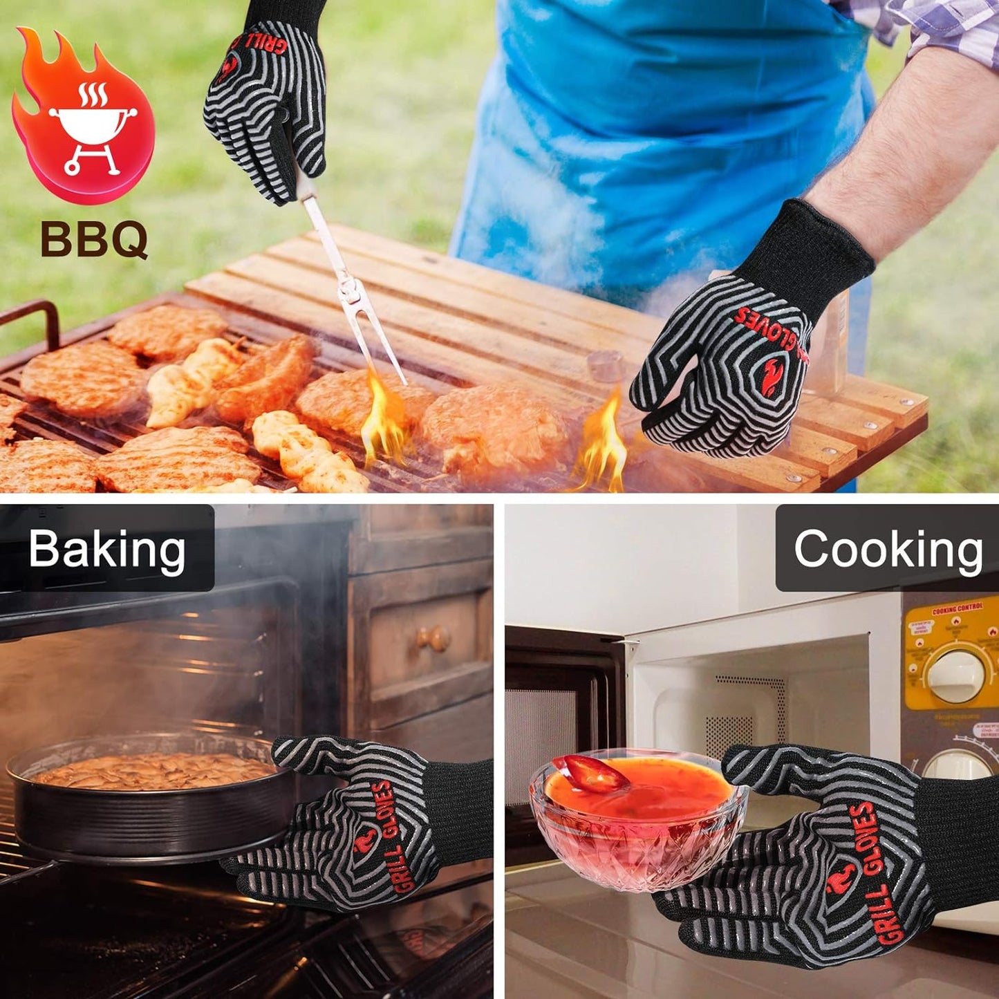 QUWIN BBQ Gloves, 1472°F Heat Resistant Grilling Gloves Silicone Non-Slip Oven Mitts, Kitchen Gloves for BBQ, Grilling, Cooking, Baking(One Size Fits Most, Black)- 1 Pair