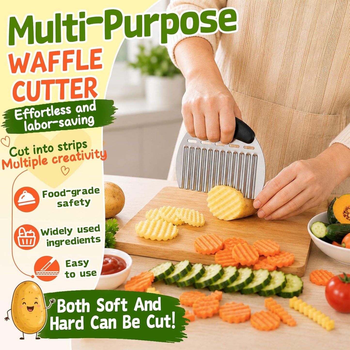 JAYVAR Large Crinkle Cutter French Fry Cutter, Stainless Steel Wavy Slicer | Large Crinkle Potato Slicer Wavy Chopper, Crinkle Cutting Chopping Tools with Handle