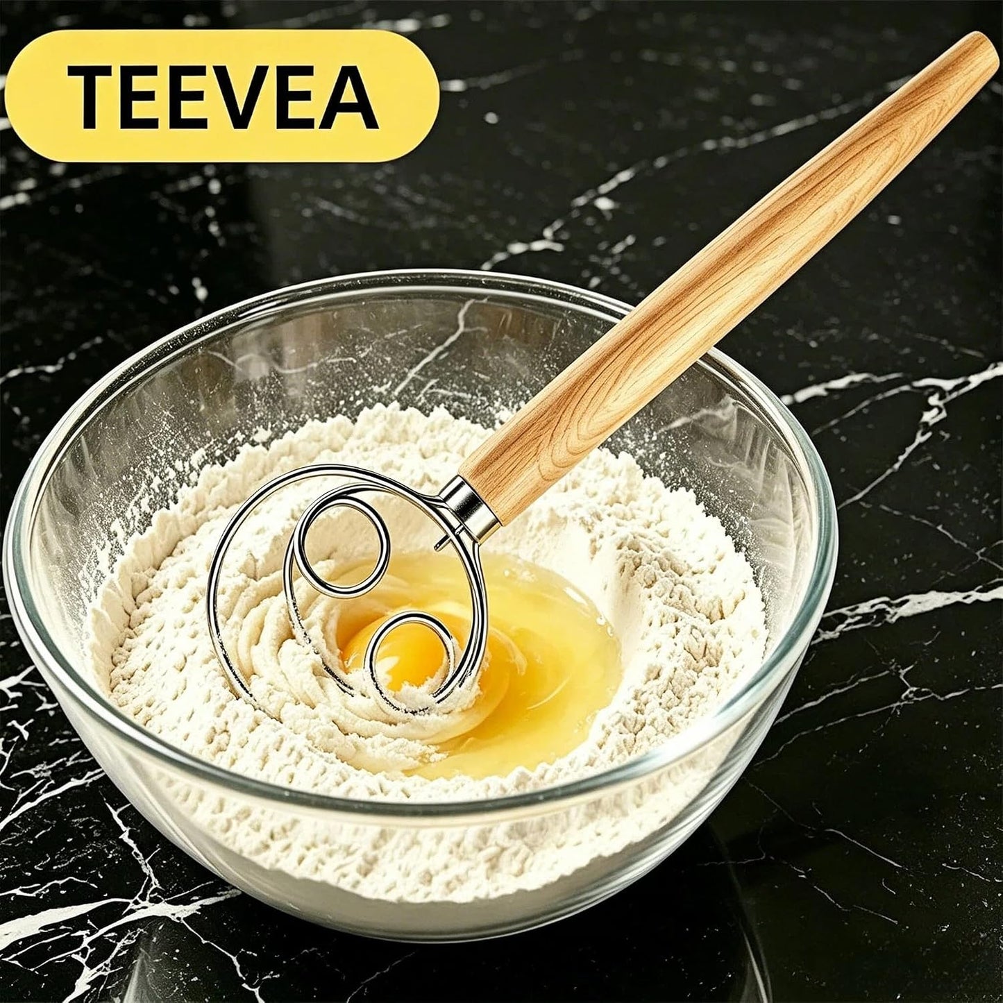 TEEVEA Danish Dough Whisk Stainless Steel Wooden Handle for Sourdough Bread | 4-Loop Food-Grade Steel Dutch Whisk, Even Mixing, Replaces Dough Hook and Mixing Spoon, Nonstick Easy Clean, Sourdough Mixer