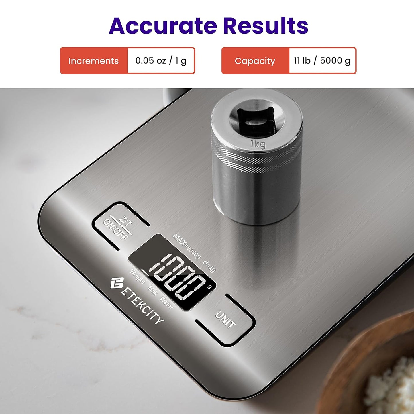 Etekcity Food Kitchen Scale, Digital Grams and Ounces, 11lb | Tare function, ideal for baking, weight loss, keto, meal prep, packages, liquids and jewelry, 304 Stainless Steel