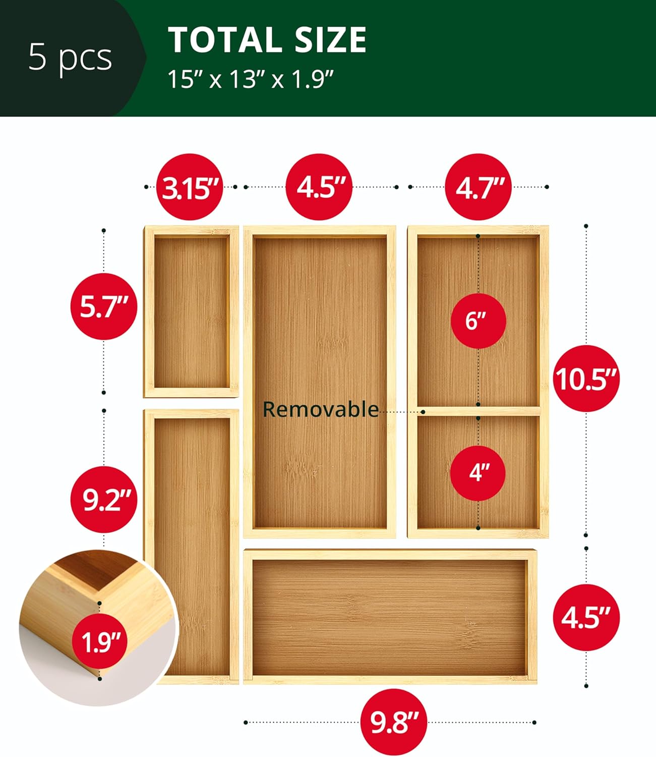 ROYAL CRAFT WOOD 5-Piece Bamboo Drawer Organizer Set โ Multi-Use Storage Trays for Kitchen, Bathroom, Office, Makeup, Jewelry & More โ Junk Drawer Tray, Utensil Holder, Storage Box & Bin Set (5 Boxes)