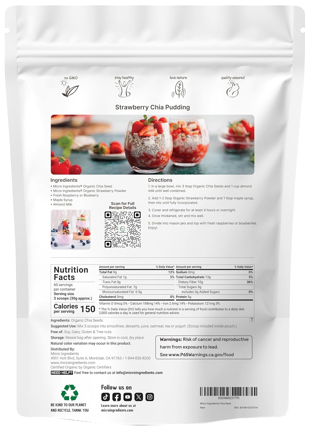 Organic Chia Seeds, 4lbs | Raw Chia Seed Source | Rich in Essential Fiber, Vegan Omega-3, & Plant Based Protein | Great for Baking, Smoothies, Pudding, & Oatmeal | Non-GMO, Gluten Free
