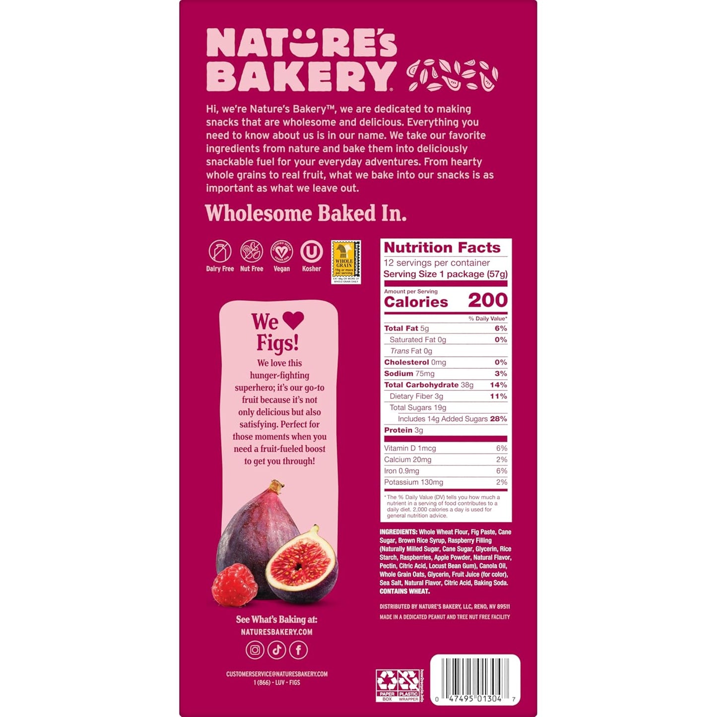 Nature's Bakery Whole Wheat Fig Bars, Raspberry, Real Fruit, Vegan, Non-GMO, Snack bar, 12 twin packs