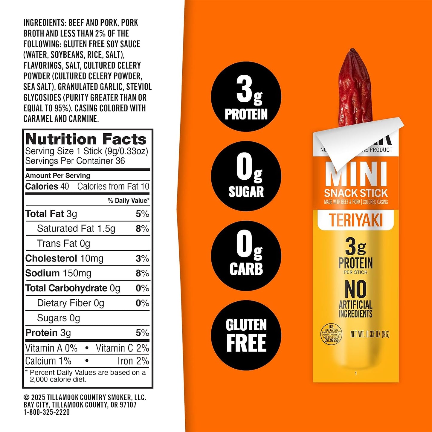 Tillamook Country Smoker Zero Sugar Teriyaki Mini Smoked Sausages, 48 Count, Individually Wrapped Beef Sticks