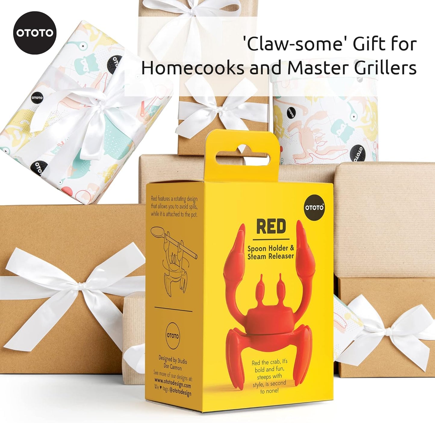 OTOTO 2 in 1 Silicone Spoon Rest & Steam Releaser - Large Spoon Holder for Stove Top - Unique and Useful Gift for Cooking - Heat Resistant Utensil Rest, Kitchen Gadgets, Red Gift (Red the Crab)