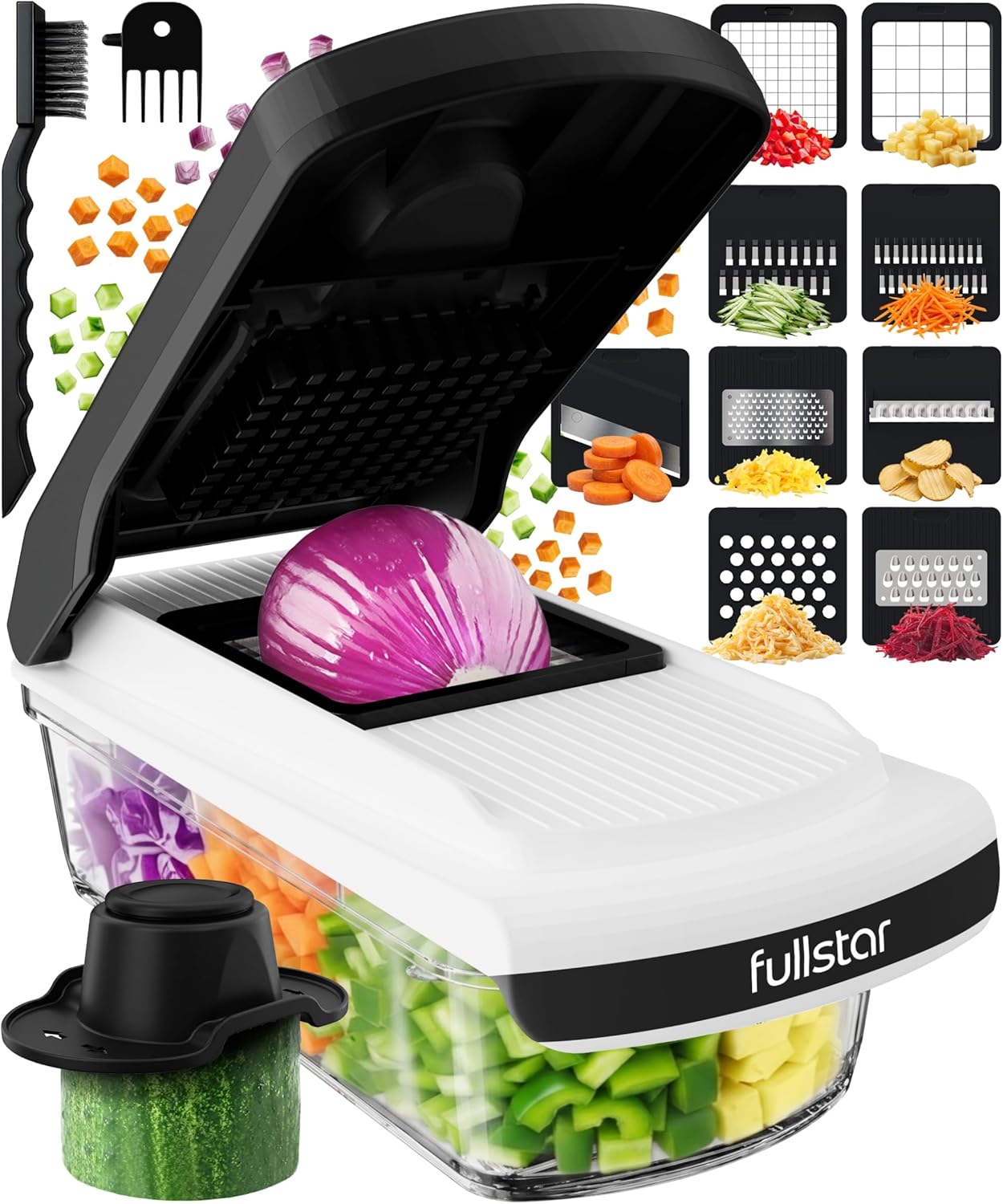 Fullstar Pro Core Vegetable Chopper & Mandoline Slicer, Meal Prep Essential | 6 in 1 Veggie Slicer, Onion & Fruit Slicer with Julienne, Grater & Dicer Stainless Steel Blades + Container (White)