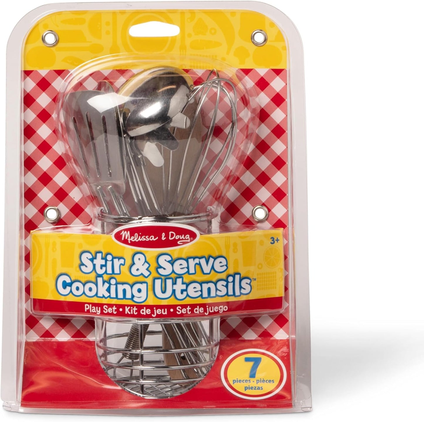 Melissa & Doug Stir & Serve Cooking Utensils (7 pcs) - Stainless Steel & Wooden Play Kitchen Accessories, Preschool Learning Toys for Girls & Boys 3+