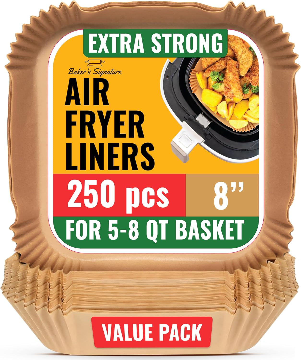 Air Fryer Paper Liners, 125Pcs Air Fryer Disposable Liners | Non-Stick and Oil Proof for Easy Cleanup, 8" Square for 5-8 qt Basket by Baker's Signature