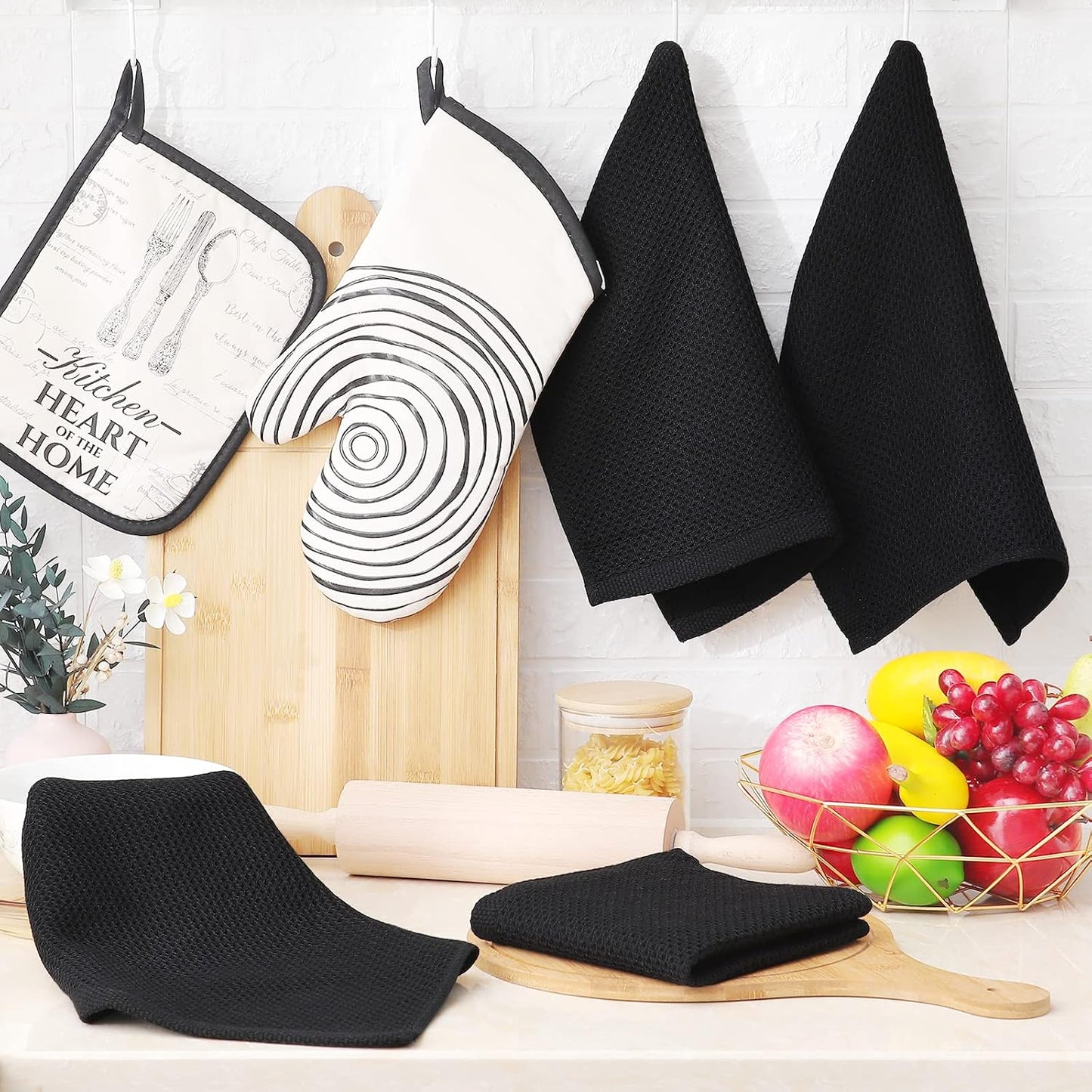 Homaxy 100% Cotton Waffle Weave Kitchen Dish Cloths 6-Pack, Black | 12 x 12 Inches, Ultra Soft Absorbent Dish Towels, Quick Drying Dish Rags with Hanging Loop
